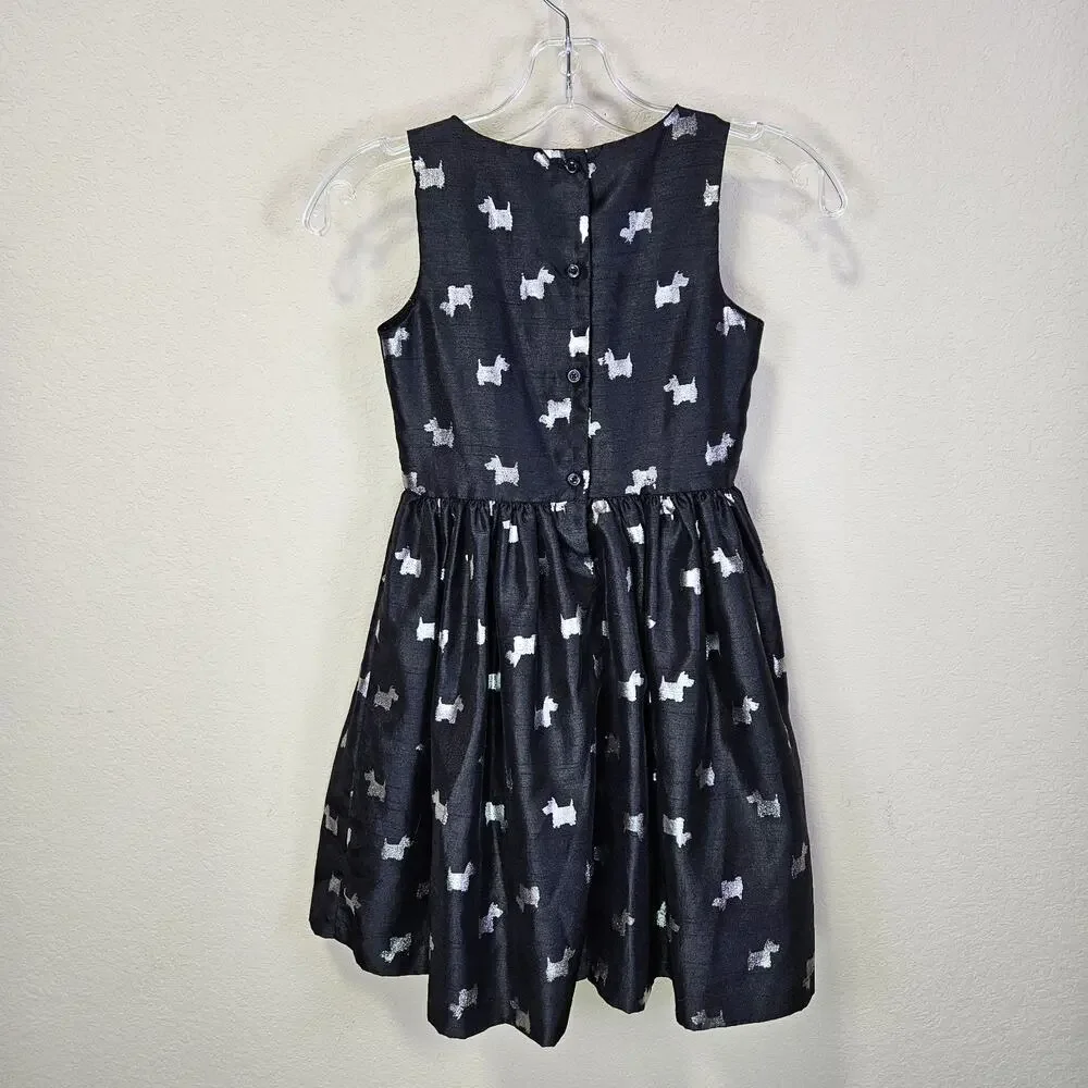 Gymboree Scottie Dog Dress Girls 7 Party Sleeveless Black Silver Bow Wedding Fun